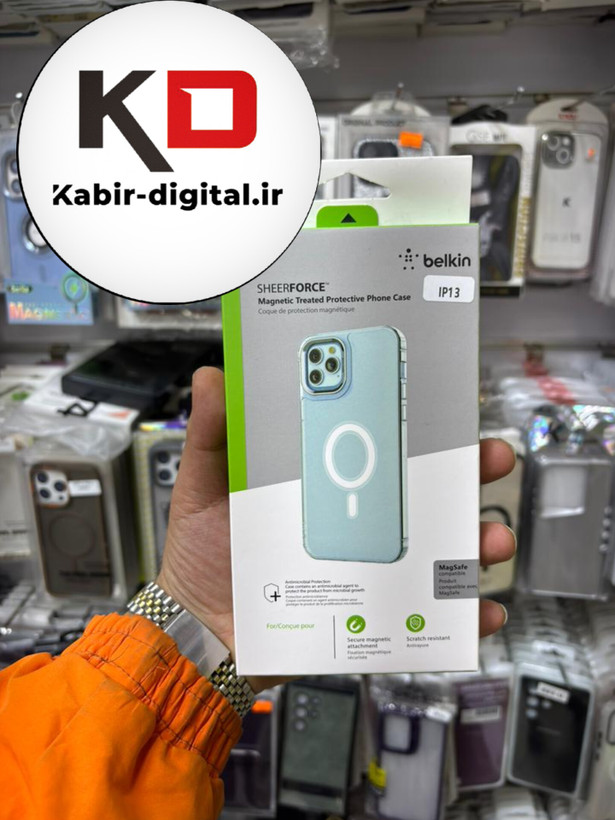 قاب گوشی iPhone 13 آیفون اورجینال بلکین belkin طرح طلقی شیشه ای شفاف لنز کرومی مگ سیف دار