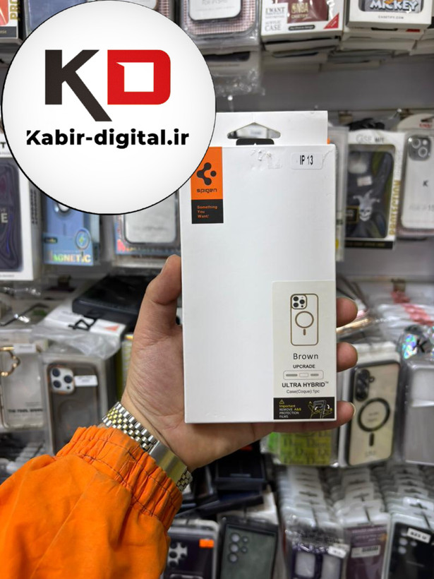 قاب گوشی iPhone 13 آیفون اورجینال Spigen شفاف مگ سیف Magsafe اورجینال قهوه ایی