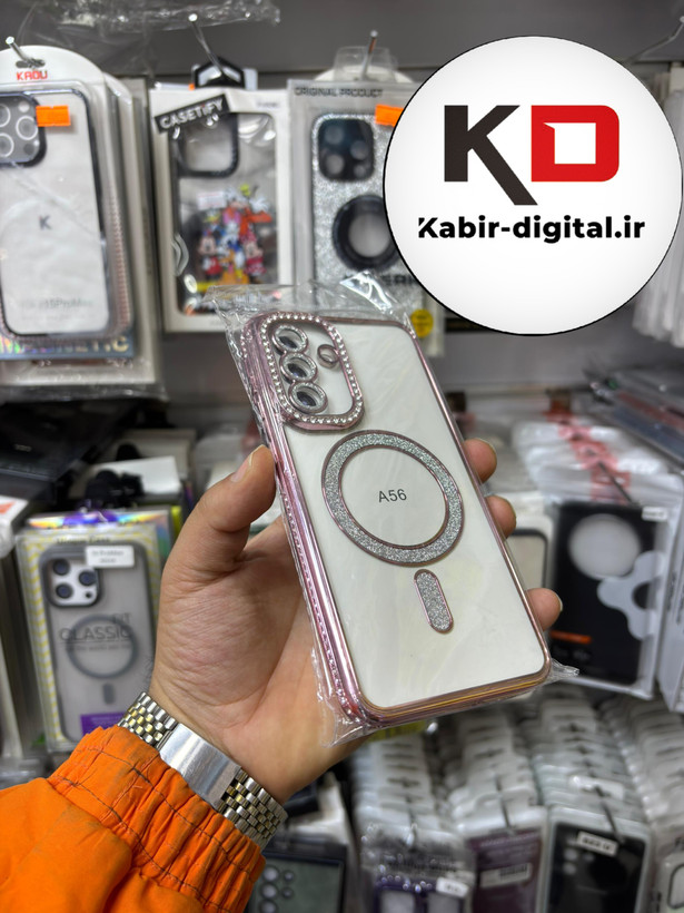 قاب گوشی Galaxy A56 سامسونگ الکتروپلیتینگ ژله ای شفاف اورجینال طرح مگ سیف محافظ لنز دار نگین دار صورتی