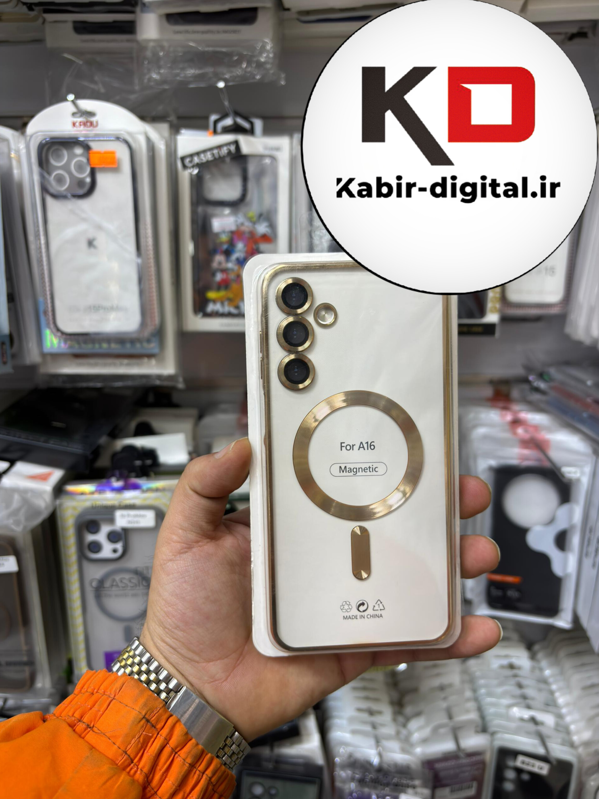 قاب گوشی Galaxy A16 سامسونگ الکتروپلیتینگ ژله ای شفاف اورجینال طرح مگ سیف محافظ لنز دار طلایی