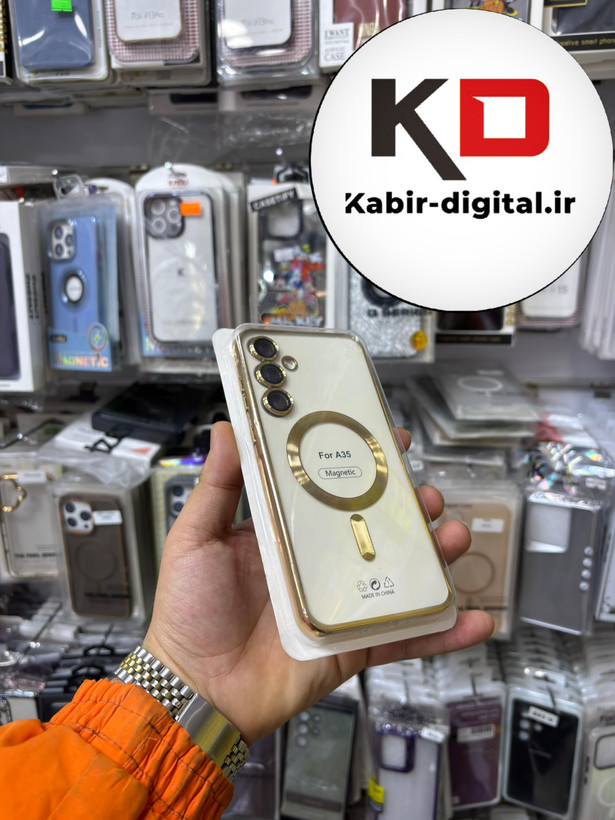 قاب گوشی Galaxy A35 سامسونگ الکتروپلیتینگ ژله ای شفاف اورجینال طرح مگ سیف محافظ لنز دار طلایی