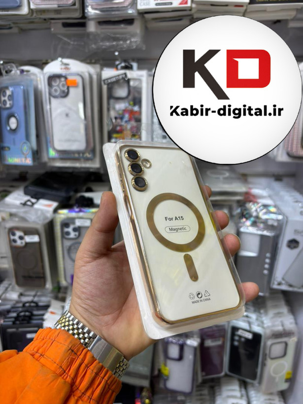 قاب گوشی Galaxy A15 سامسونگ الکتروپلیتینگ ژله ای شفاف اورجینال طرح مگ سیف محافظ لنز دار طلایی