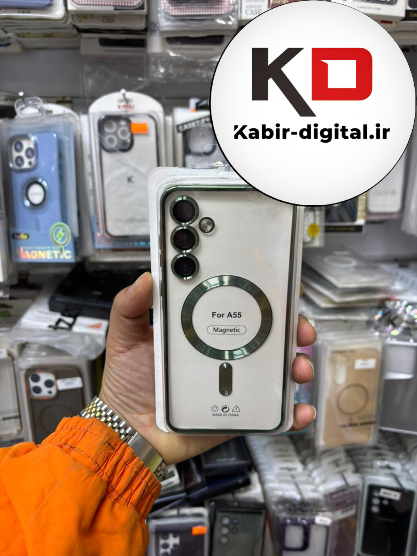 قاب گوشی Galaxy A55 سامسونگ الکتروپلیتینگ ژله ای شفاف اورجینال طرح مگ سیف محافظ لنز دار سبز