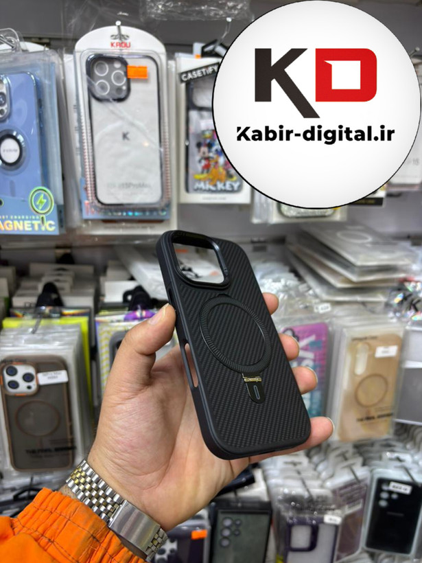 قاب گوشی iPhone 16 Pro آیفون Creative Case طرح کربن مگ سیف فلزی Magsafe اورجینال متال لوکس استندشو مشکی