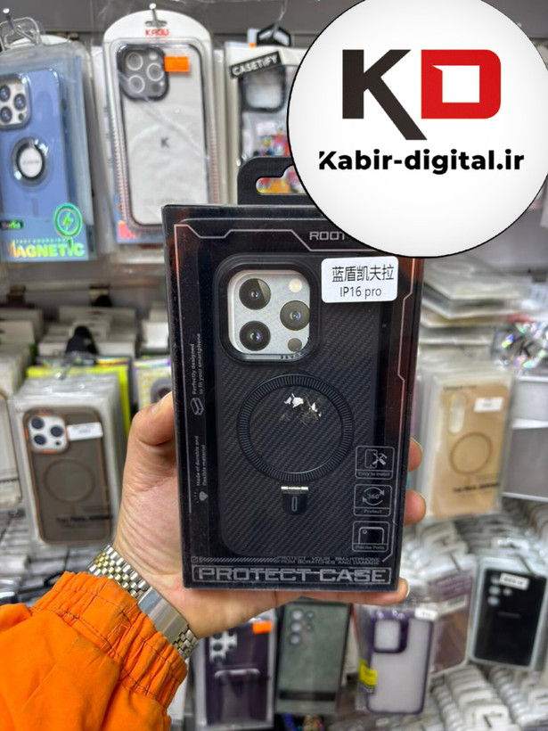 قاب گوشی iPhone 16 Pro آیفون Creative Case طرح کربن مگ سیف فلزی Magsafe اورجینال متال لوکس استندشو مشکی