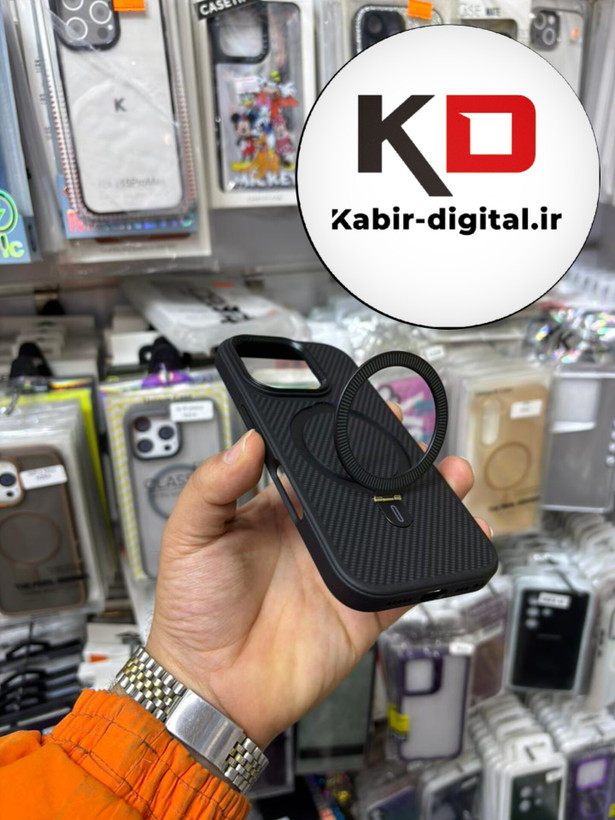 قاب گوشی iPhone 16 Pro آیفون Creative Case طرح کربن مگ سیف فلزی Magsafe اورجینال متال لوکس استندشو مشکی