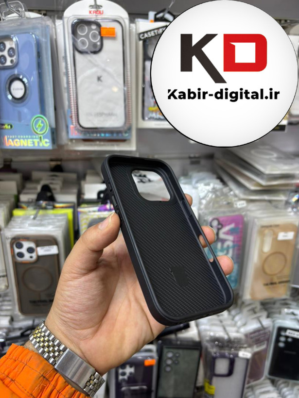 قاب گوشی iPhone 16 Pro آیفون Creative Case طرح کربن مگ سیف فلزی Magsafe اورجینال متال لوکس استندشو مشکی