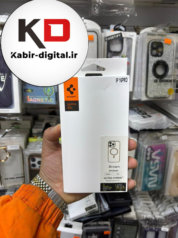 قاب گوشی iPhone 16 pro آیفون اورجینال Spigen شفاف مگ سیف Magsafe اورجینال قهوه ایی