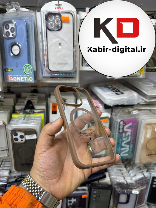 قاب گوشی iPhone 16 pro آیفون اورجینال Spigen شفاف مگ سیف Magsafe اورجینال قهوه ایی