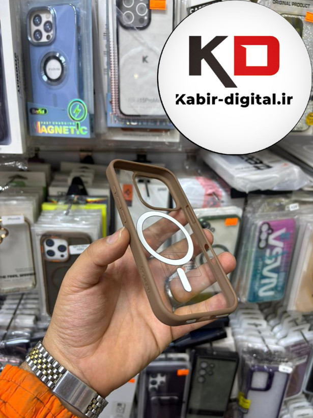 قاب گوشی iPhone 16 pro آیفون اورجینال Spigen شفاف مگ سیف Magsafe اورجینال قهوه ایی