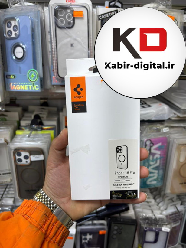 قاب گوشی iPhone 16 pro آیفون اورجینال Spigen شفاف مگ سیف Magsafe اورجینال مشکی