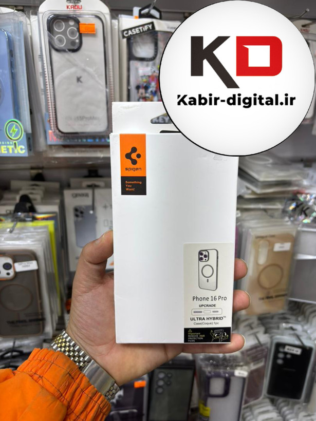 قاب گوشی iPhone 16 pro آیفون اورجینال Spigen شفاف مگ سیف Magsafe اورجینال طوسی