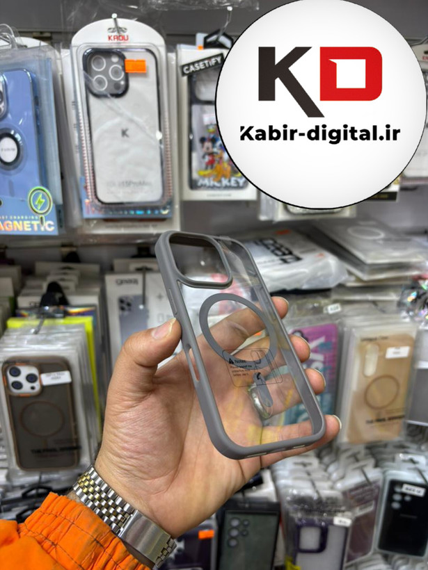 قاب گوشی iPhone 16 pro آیفون اورجینال Spigen شفاف مگ سیف Magsafe اورجینال طوسی