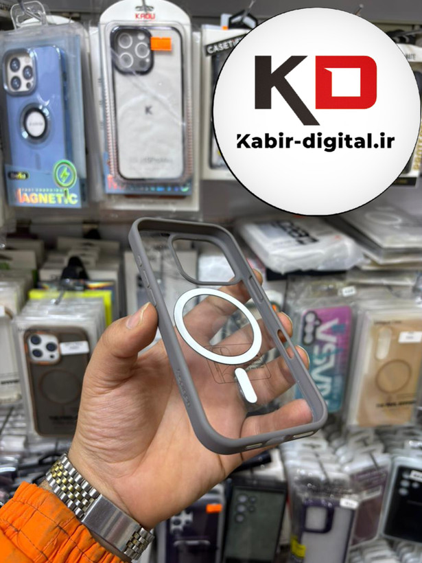 قاب گوشی iPhone 16 pro آیفون اورجینال Spigen شفاف مگ سیف Magsafe اورجینال طوسی