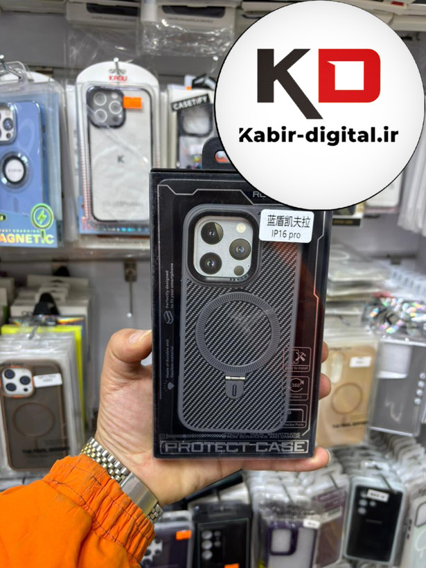 قاب گوشی iPhone 16 Pro آیفون Creative Case طرح کربن مگ سیف فلزی Magsafe اورجینال متال لوکس استندشو طوسی