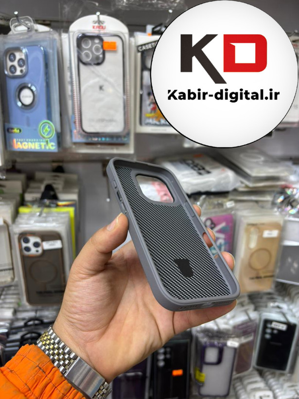 قاب گوشی iPhone 16 Pro آیفون Creative Case طرح کربن مگ سیف فلزی Magsafe اورجینال متال لوکس استندشو طوسی