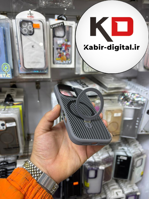 قاب گوشی iPhone 16 Pro آیفون Creative Case طرح کربن مگ سیف فلزی Magsafe اورجینال متال لوکس استندشو طوسی