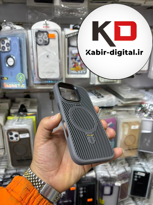 قاب گوشی iPhone 16 Pro آیفون Creative Case طرح کربن مگ سیف فلزی Magsafe اورجینال متال لوکس استندشو طوسی