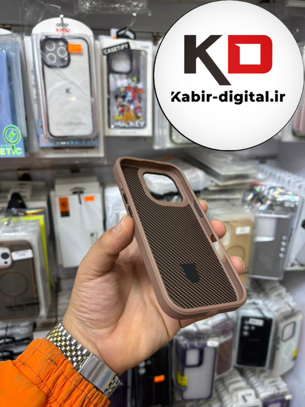 قاب گوشی iPhone 16 Pro آیفون Creative Case طرح کربن مگ سیف فلزی Magsafe اورجینال متال لوکس استندشو قهوه ایی
