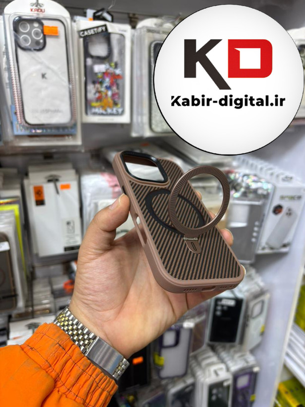 قاب گوشی iPhone 16 Pro آیفون Creative Case طرح کربن مگ سیف فلزی Magsafe اورجینال متال لوکس استندشو قهوه ایی