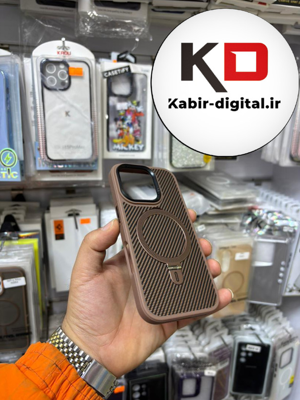 قاب گوشی iPhone 16 Pro آیفون Creative Case طرح کربن مگ سیف فلزی Magsafe اورجینال متال لوکس استندشو قهوه ایی