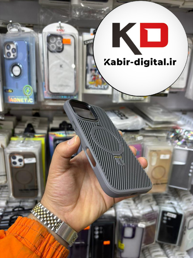 قاب گوشی iPhone 16 Pro Max آیفون Creative Case طرح کربن مگ سیف فلزی Magsafe اورجینال متال لوکس استندشو مشکی