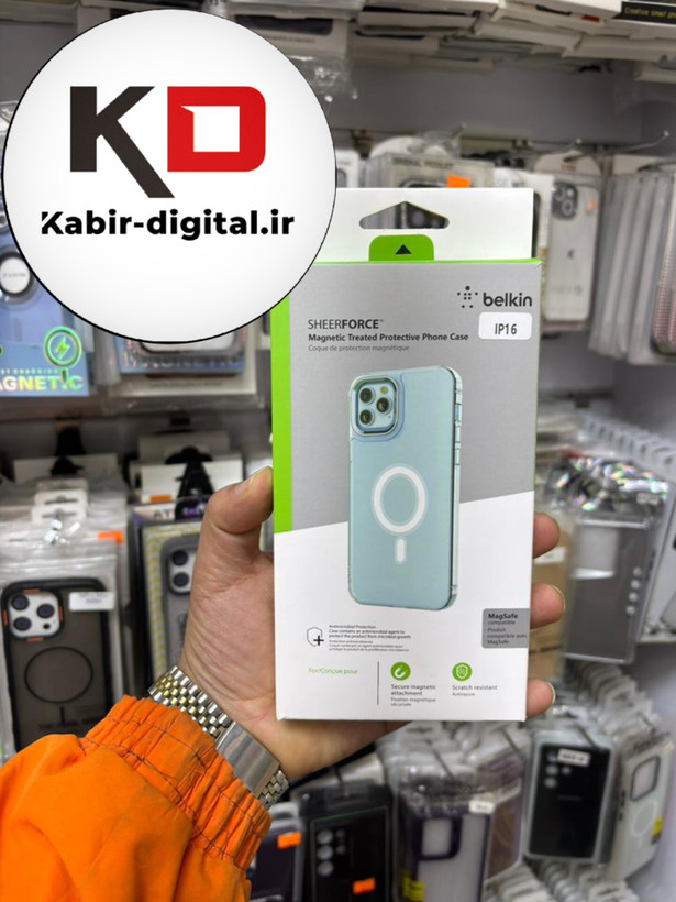 قاب گوشی iPhone 16 آیفون اورجینال بلکین belkin طرح طلقی شیشه ای شفاف لنز کرومی مگ سیف دار