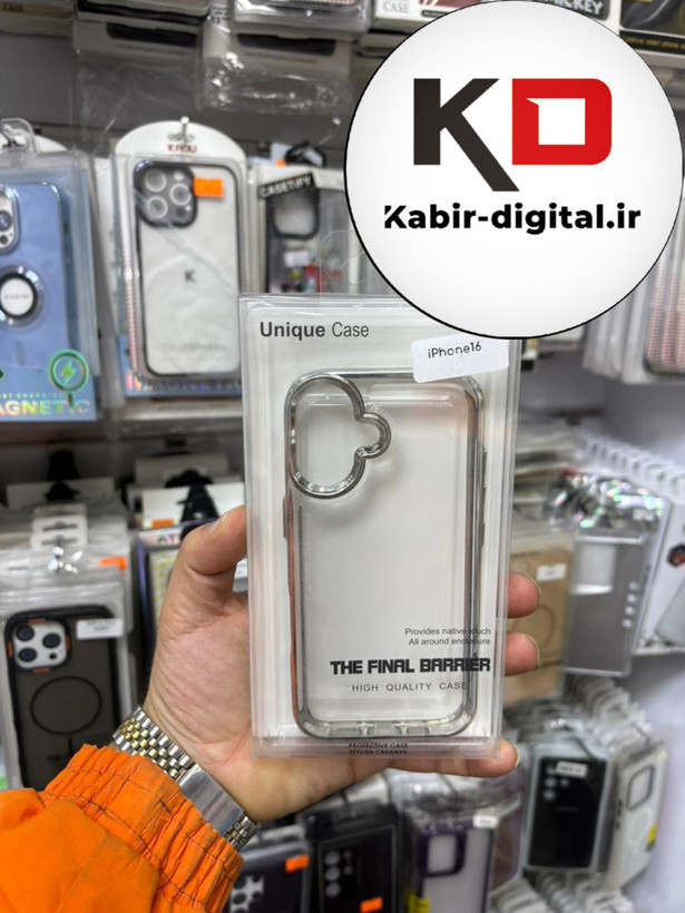 قاب گوشی iPhone 16 آیفون طرح پشت طلق شیشه ای شفاف اورجینال برند نقره ایی