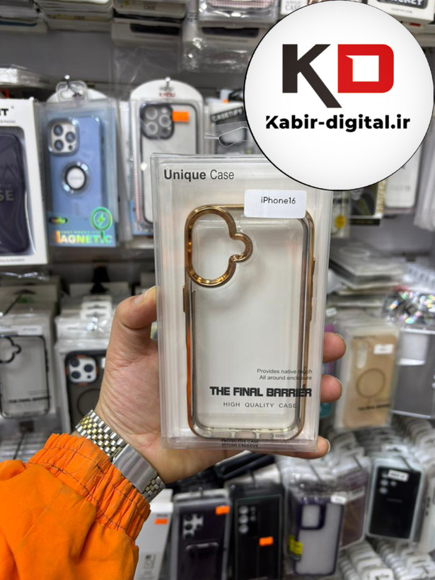 قاب گوشی iPhone 16 آیفون طرح پشت طلق شیشه ای شفاف اورجینال برند طلایی