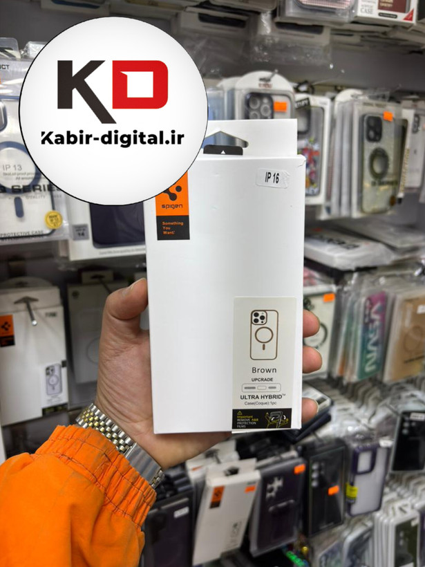 قاب گوشی iPhone 16 آیفون اورجینال Spigen شفاف مگ سیف Magsafe اورجینال قهوه ایی