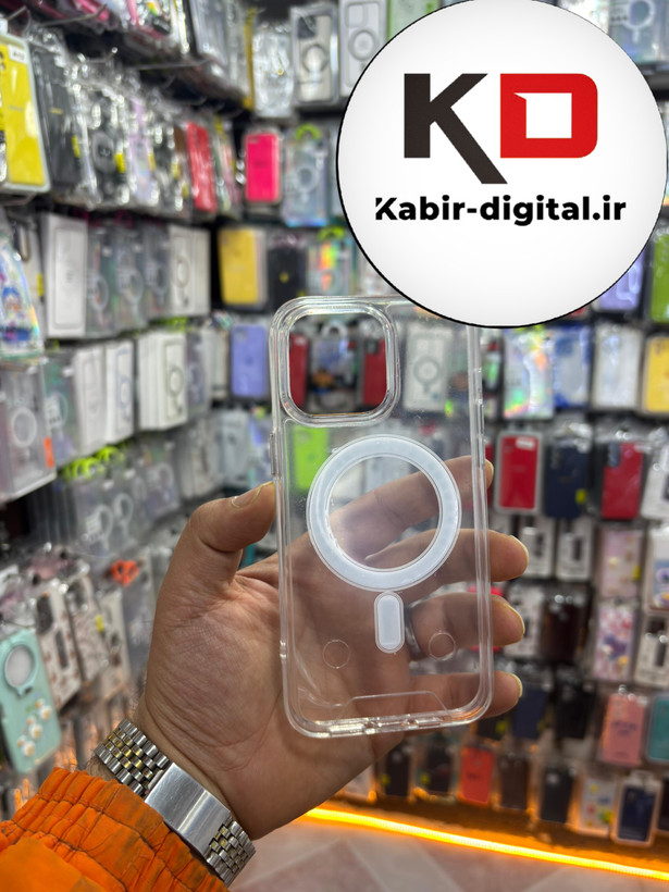 قاب گوشی iPhone 15 pro max آیفون اورجینال طرح طلقی شیشه ای شفاف مگ سیف دار