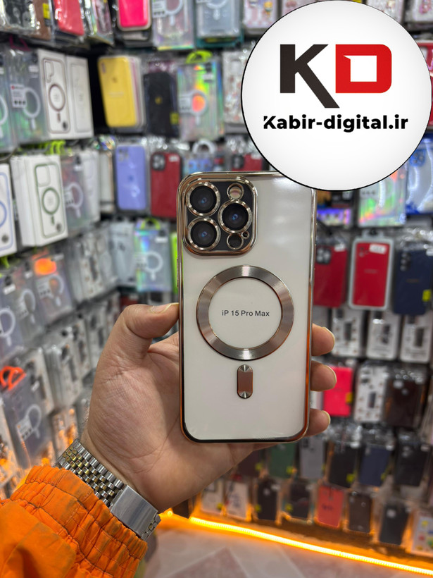 قاب گوشی iPhone 15 PROMAX آیفون الکتروپلیتینگ ژله ای شفاف اورجینال طرح مگ سیف محافظ لنز دار طلایی