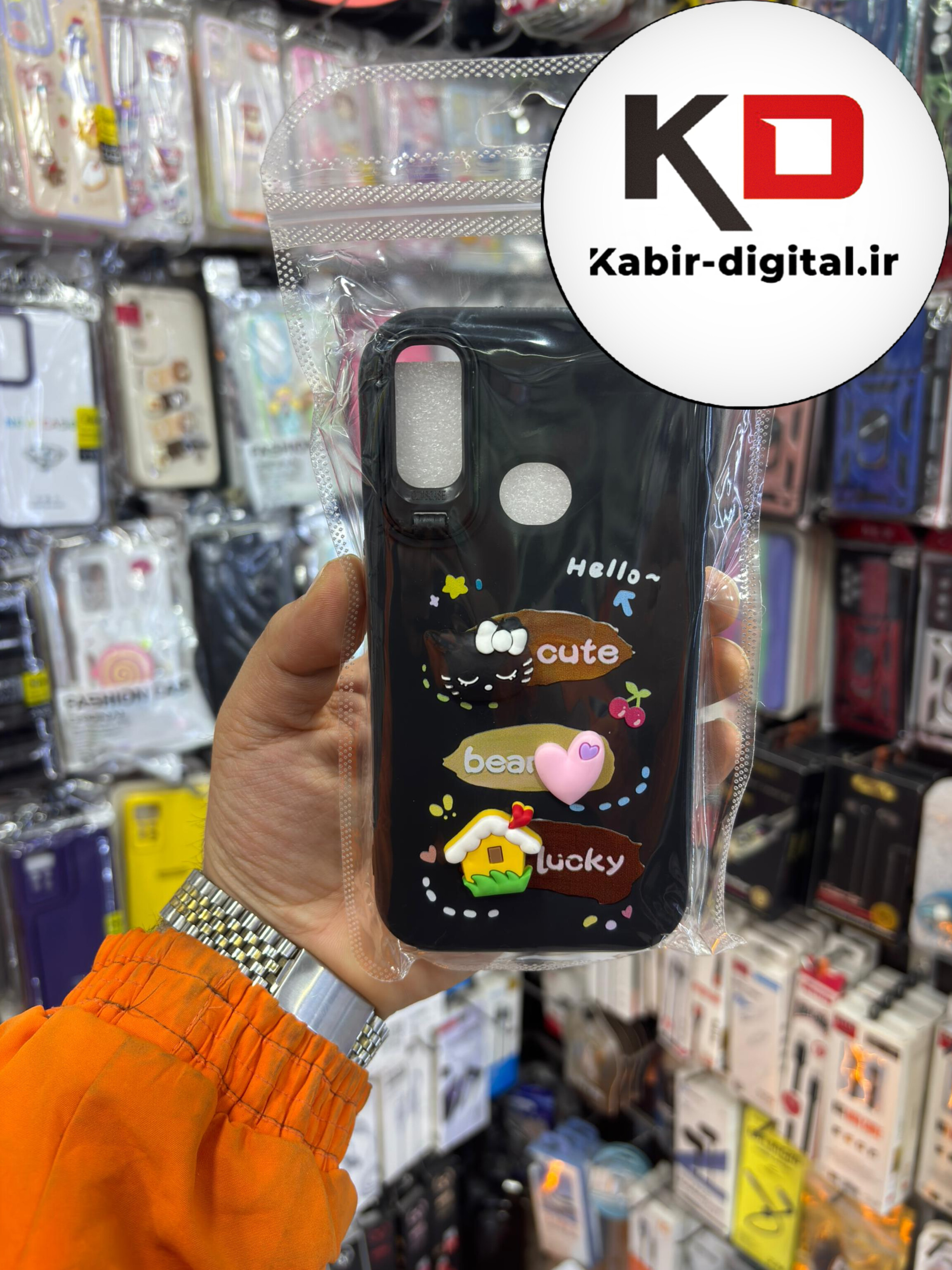 قاب گوشی Galaxy A10S سامسونگ سیلیکونی Stand Case پاستلی عروسکی برجسته مشکی لنز استندشو