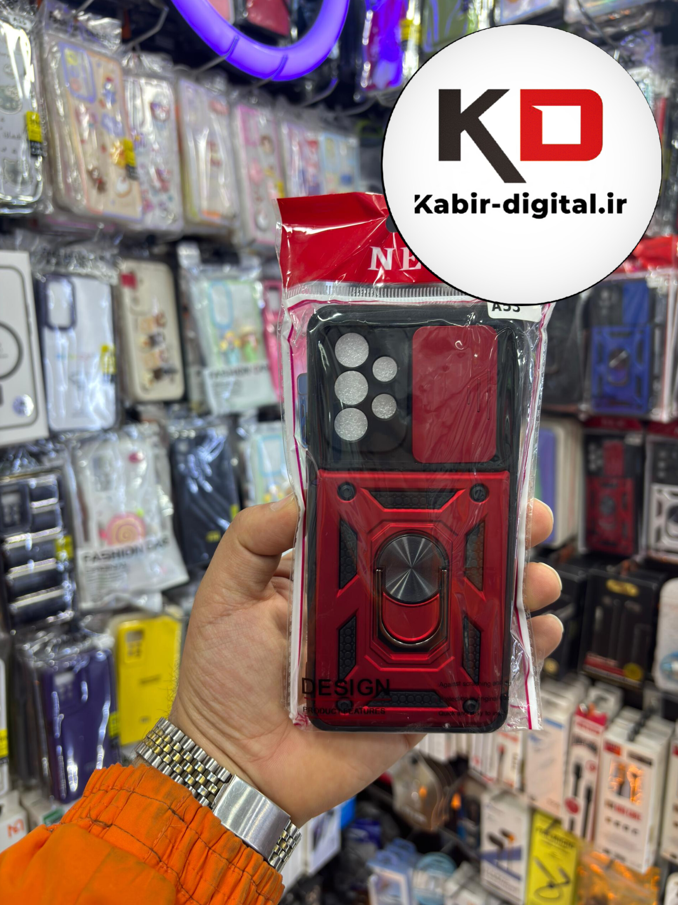 قاب گوشی A53 سامسونگ طرح ضد ضربه بتمن هولدر دار محافظ لنز دار ایربگ دار کشویی - قرمز