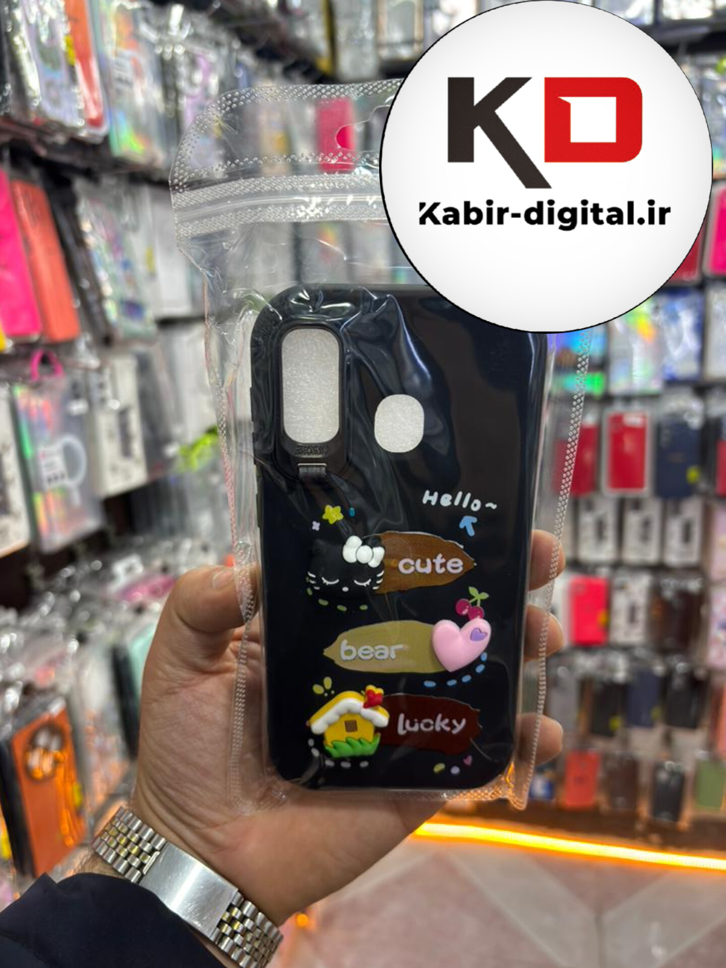 قاب گوشی Galaxy A20 / A30 سامسونگ سیلیکونی Stand Case پاستلی عروسکی برجسته مشکی لنز استندشو