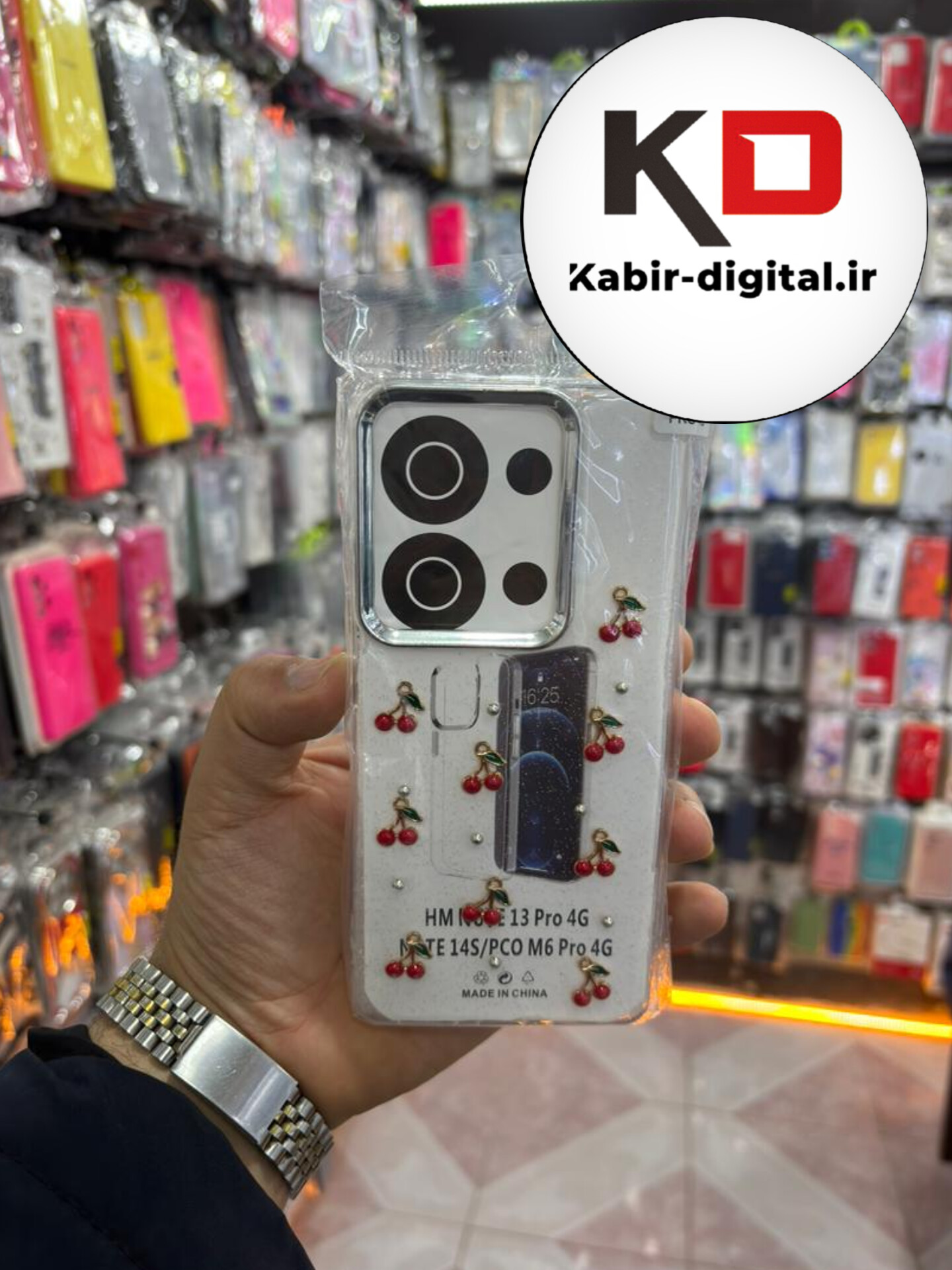 قاب گوشی Note 13 pro 4g  / POCO M6 Pro / Note 14s شیائومی لاکچری شفاف رزینی طرح شاین لنز کرومی طرح آلبالو