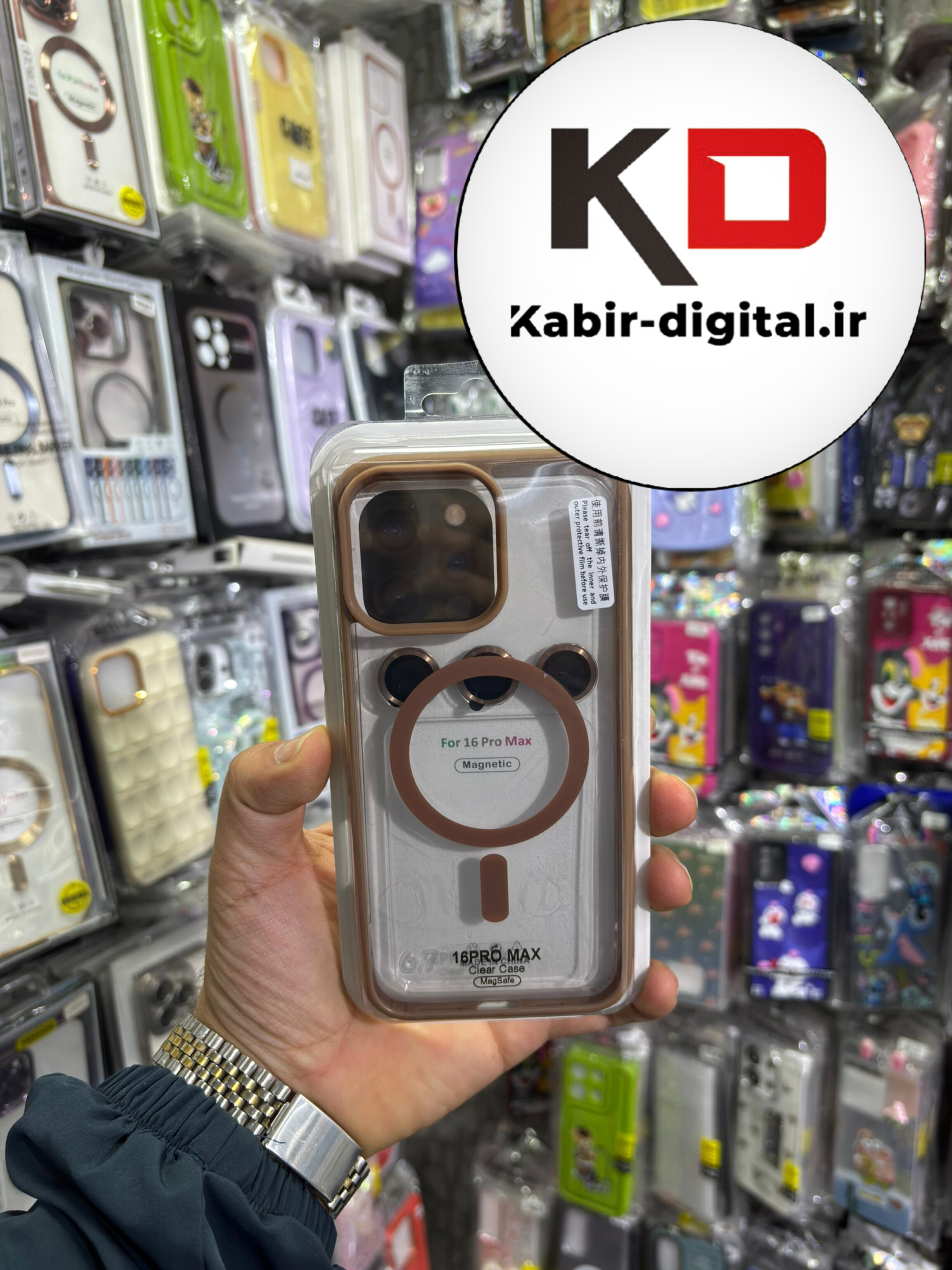 قاب گوشی iPhone 16 Pro Max آیفون شفاف مگ سیف دار MagSafe اورجینال Metal Stand Case لنز استند شو فلزی به همراه محافظ لنز رینگی