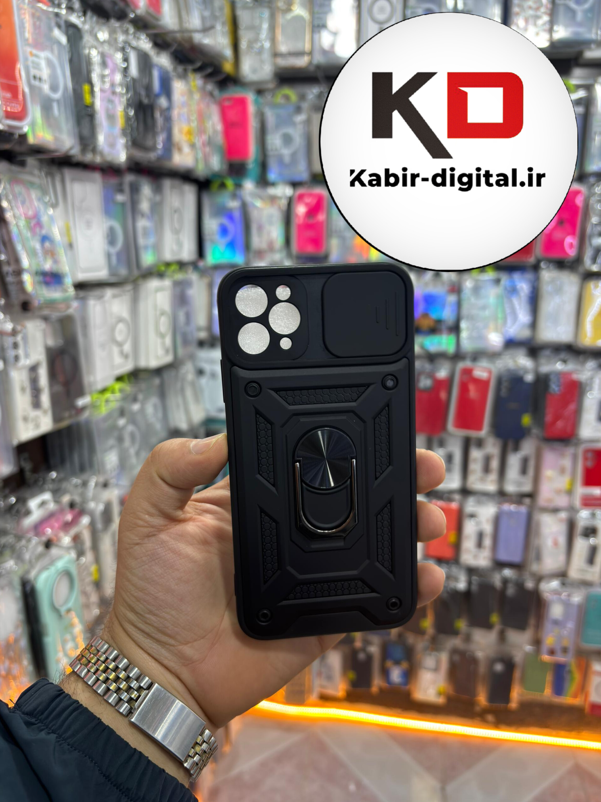 قاب گوشی iPhone 11 Pro Max آیفون طرح ضد ضربه بتمن هولدر دار محافظ لنز دار ایربگ دار کشویی مشکی