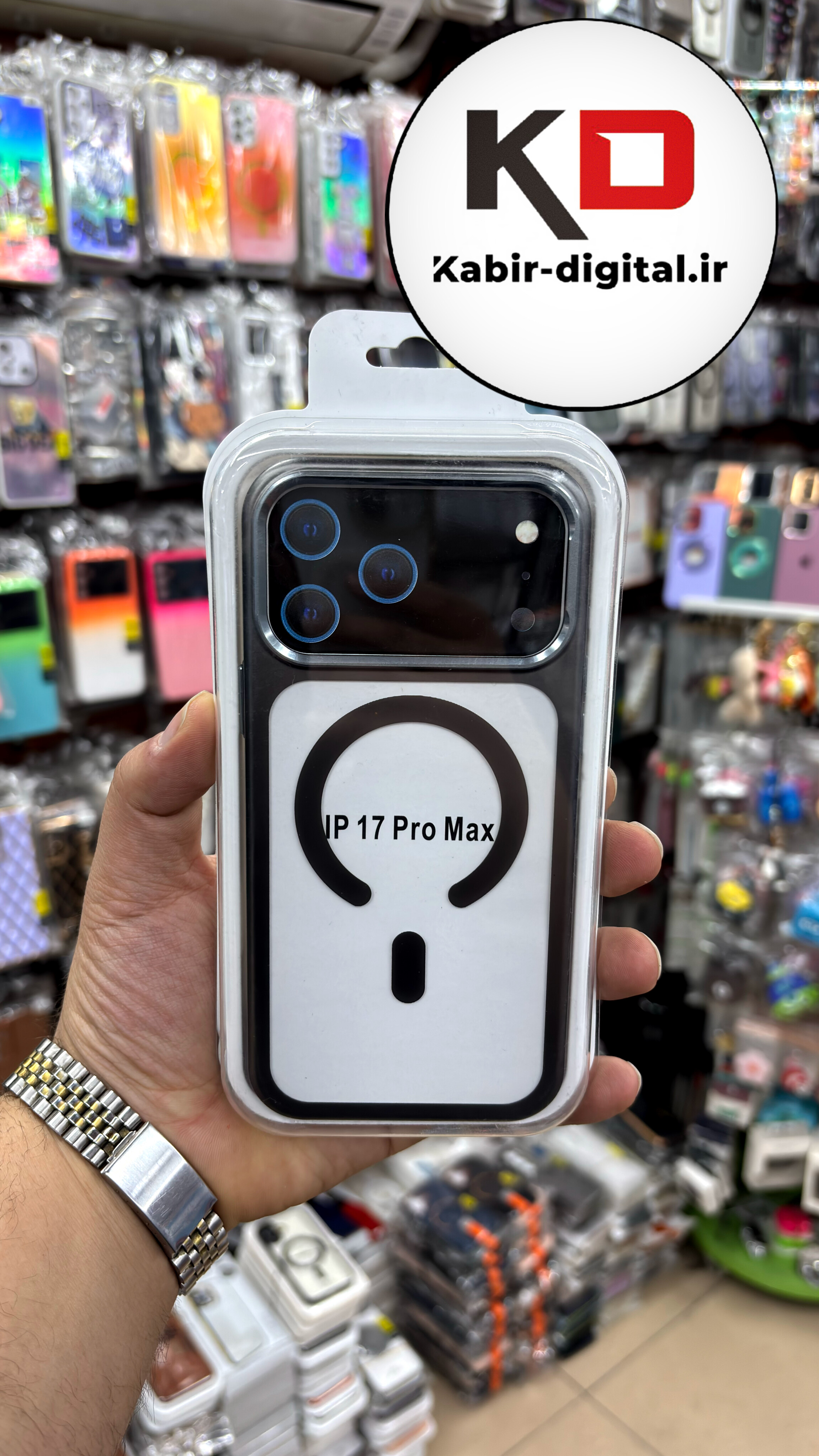 قاب گوشی iPhone 17 Pro Max آیفون شفاف مگ سیف دار MagSafe اورجینال Metal Stand Case پشت مات دور رنگی مشکی