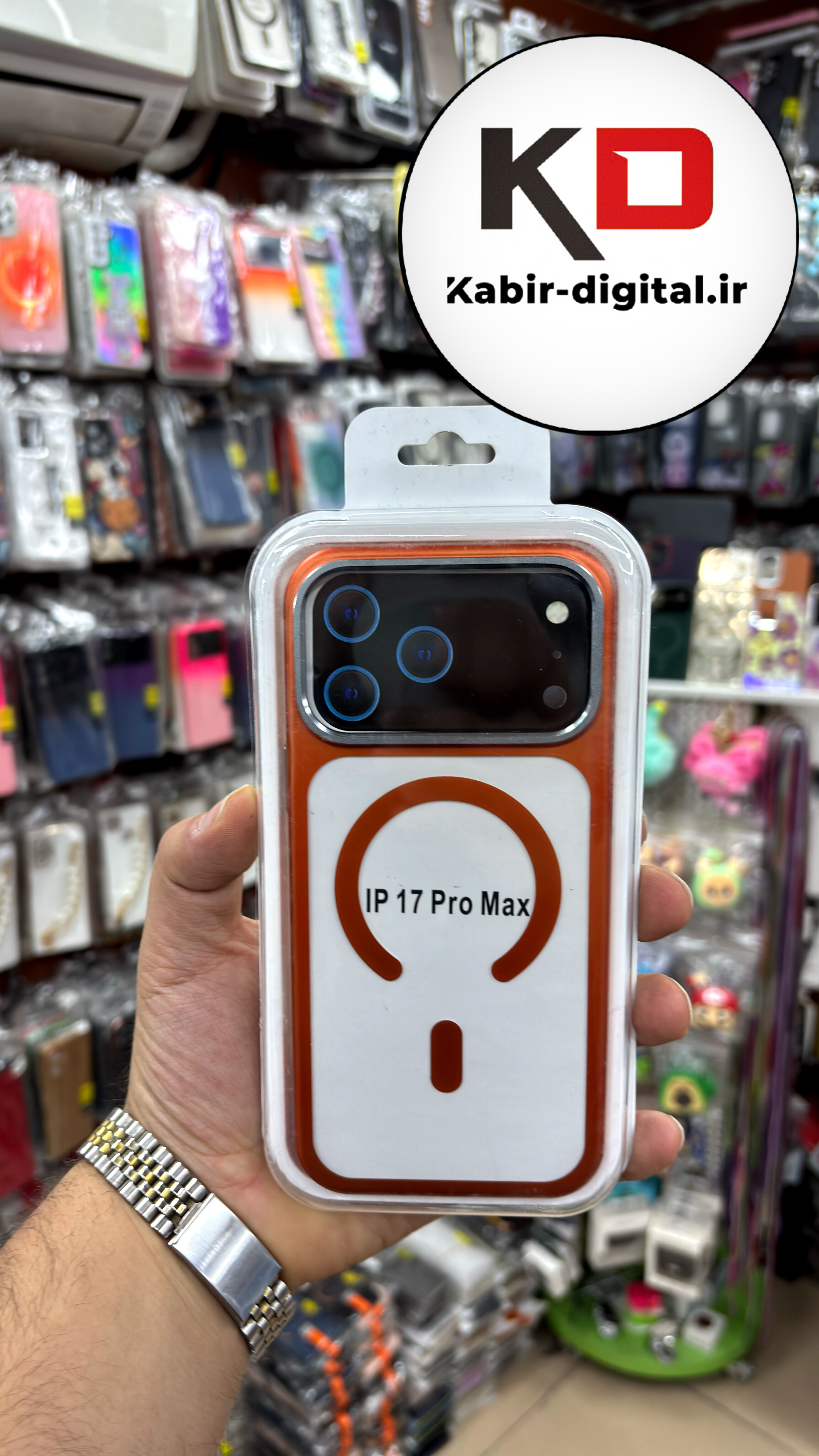 قاب گوشی iPhone 17 Pro Max آیفون شفاف مگ سیف دار MagSafe اورجینال Metal Stand Case  دور رنگی نارنجی