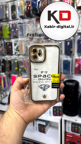 قاب گوشی iPhone 12 آیفون طرح الکتروپلیتینگ ژله ای شفاف اورجینال محافظ لنز دار طلایی