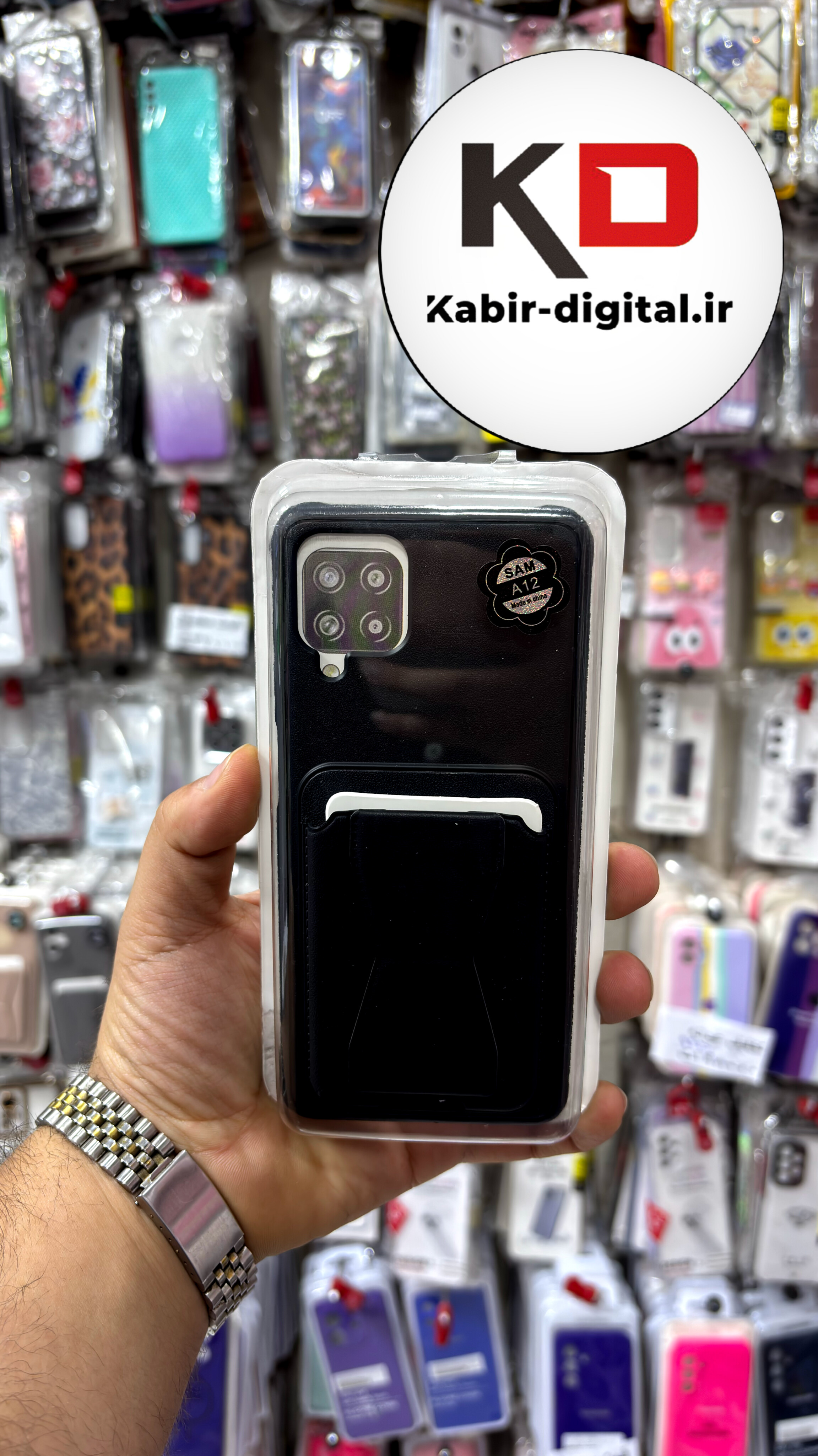 قاب گوشی Galaxy A12/M12 سامسونگ چرمی دوخت دار اورجینال جاکارتی دار مگنتی استندشو مشکی