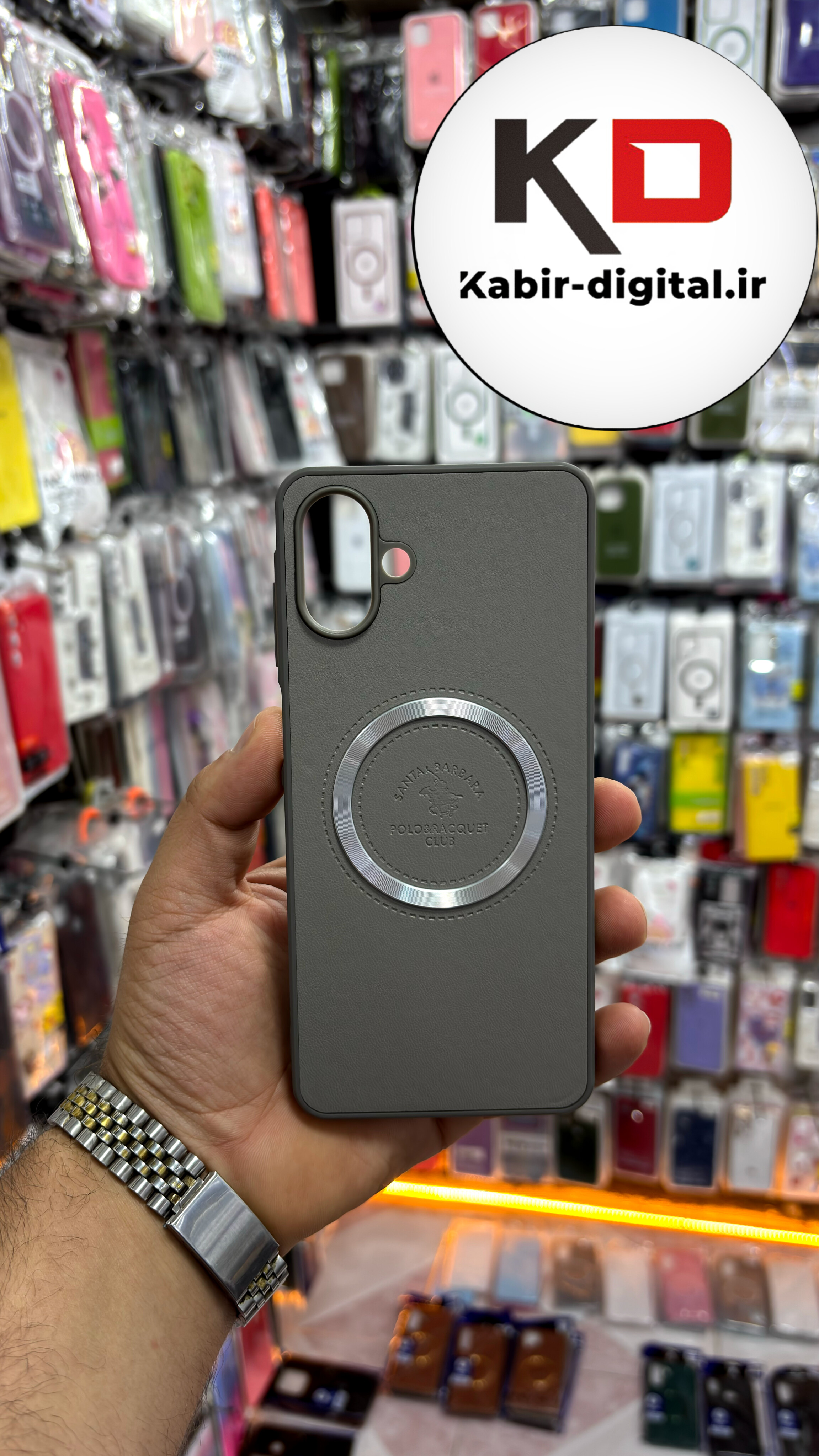 قاب گوشی Galaxy A07 سامسونگ طرح پولو POLO چرم مگ سیف Magsafe اسپرت لنز کرومی خاکستری