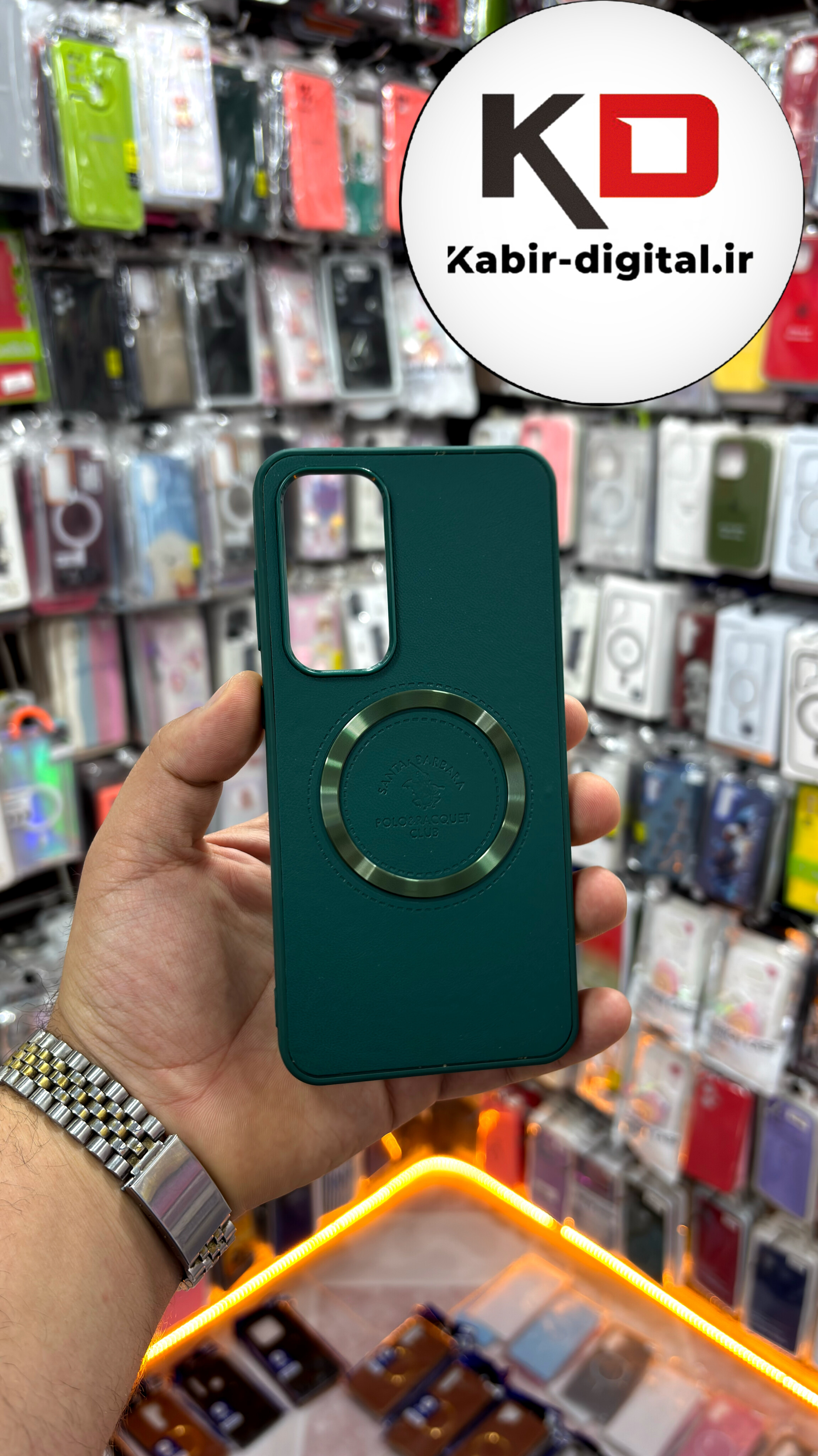 قاب گوشی Galaxy S24 FE سامسونگ طرح پولو POLO چرم مگ سیف Magsafe اسپرت لنز کرومی سبز