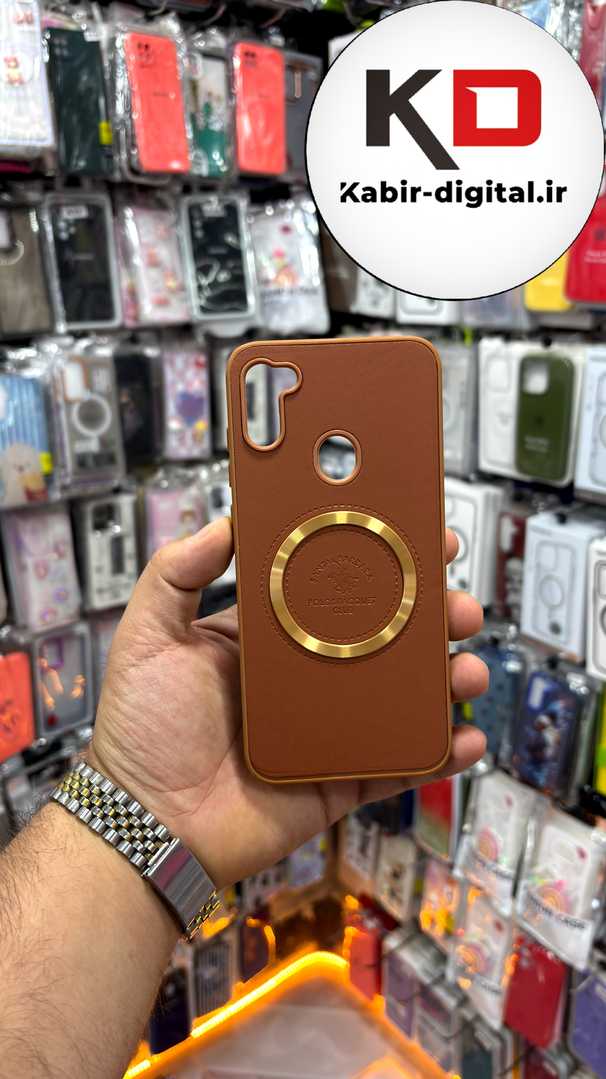 قاب گوشی Galaxy A11 سامسونگ طرح پولو POLO چرم مگ سیف Magsafe اسپرت لنز کرومی عسلی