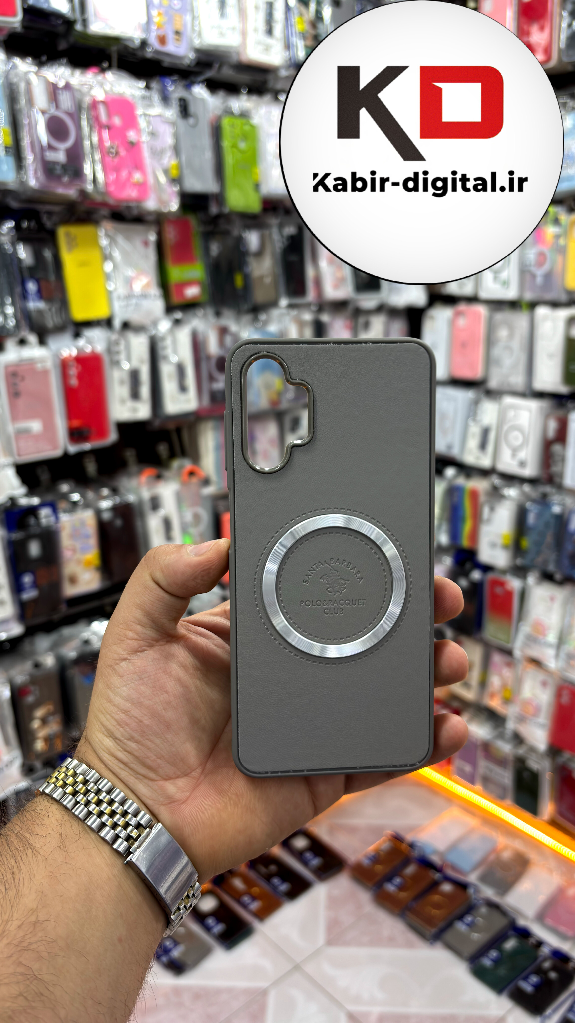 قاب گوشی Galaxy A13/A23 سامسونگ طرح پولو POLO چرم مگ سیف Magsafe اسپرت لنز کرومی طوسی