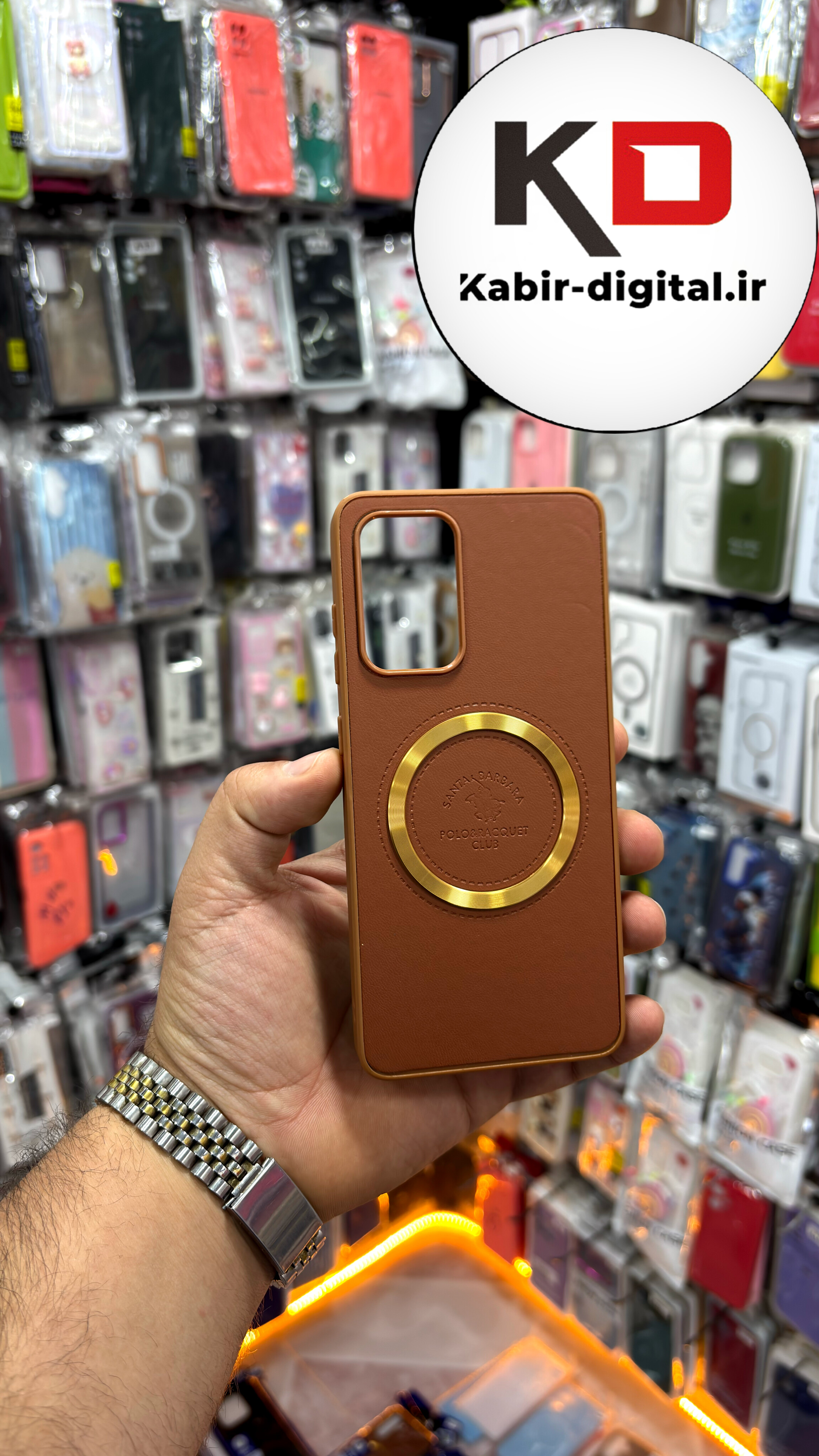 قاب گوشی Galaxy A52 سامسونگ طرح پولو POLO چرم مگ سیف Magsafe اسپرت لنز کرومی  عسلی