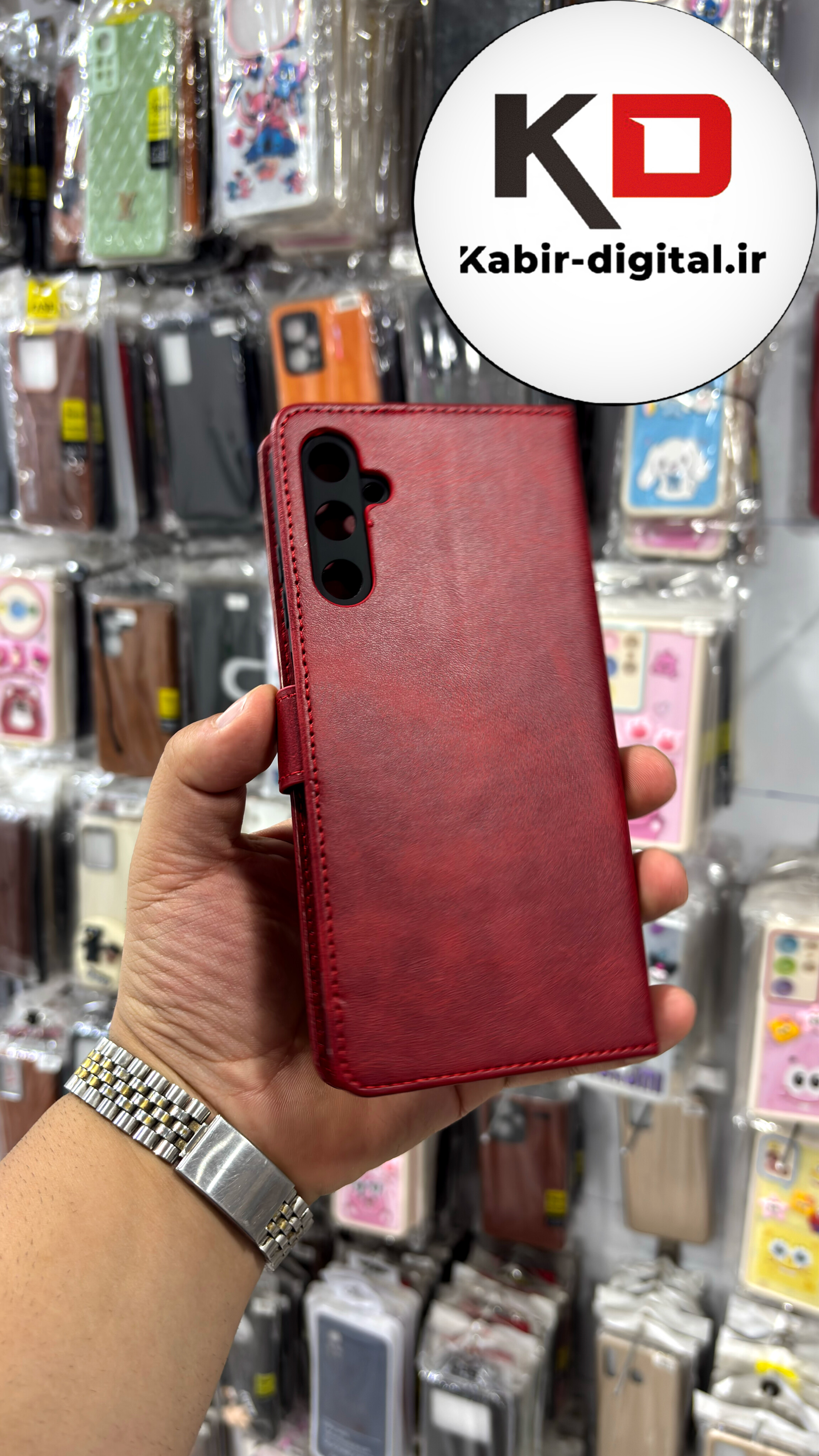 کیف گوشی Galaxy A05S سامسونگ چرم مگنتی جاکارتی محافظ لنزدار بند آویز دار قرمز