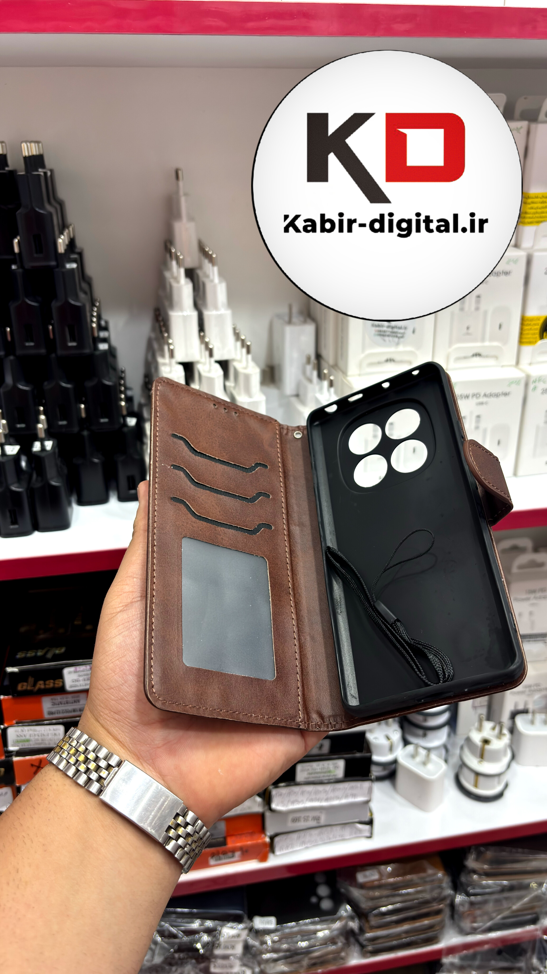کیف گوشی Redmi Note  15 4g شیائومی چرم مگنتی جاکارتی محافظ لنزدار بند آویز دار قهوه ایی