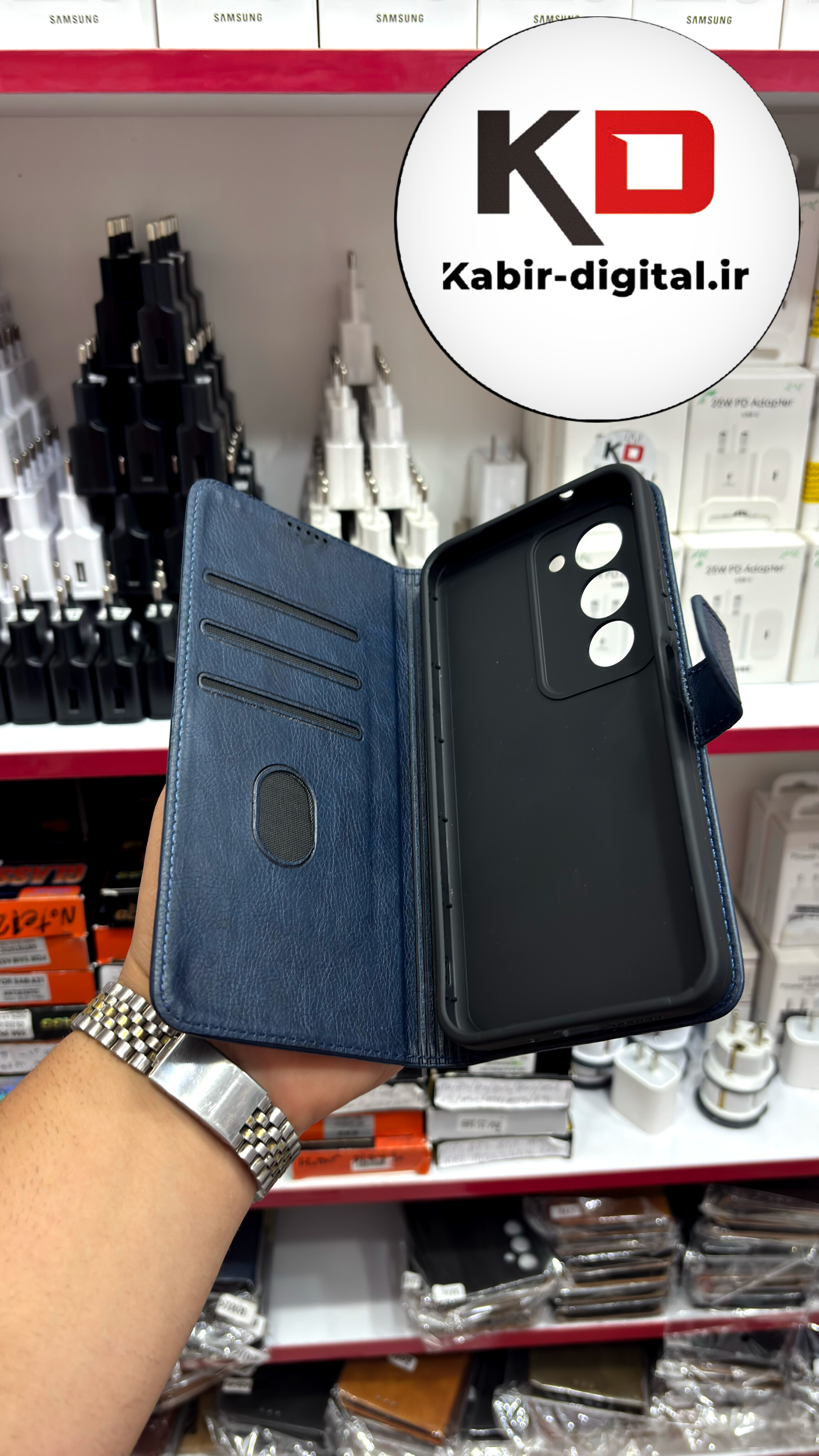 کیف گوشی Redmi 15 شیائومی چرم مگنتی جاکارتی محافظ لنزدار بند آویز دار سرمه ایی